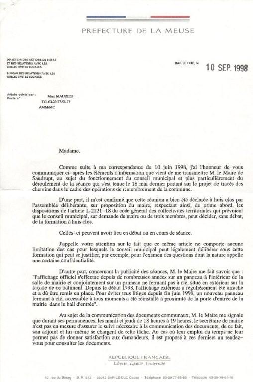 réponse préfet 10 septembre1998 page 1