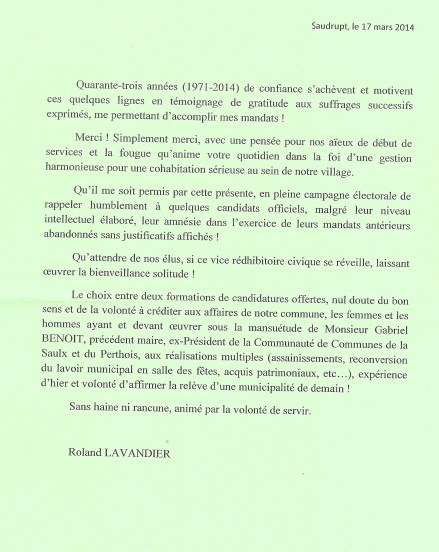 lettre Roland Lavandier qui ne se représente pas aprés 43 ans (1er adjoint)